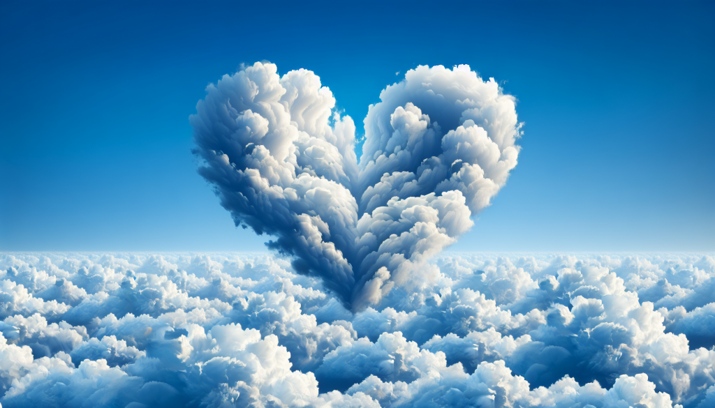 A heart symbol made of clouds in a clear blue sky