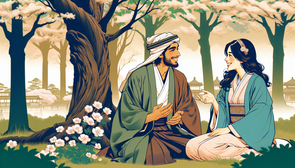 Image of two people talking happily in a park