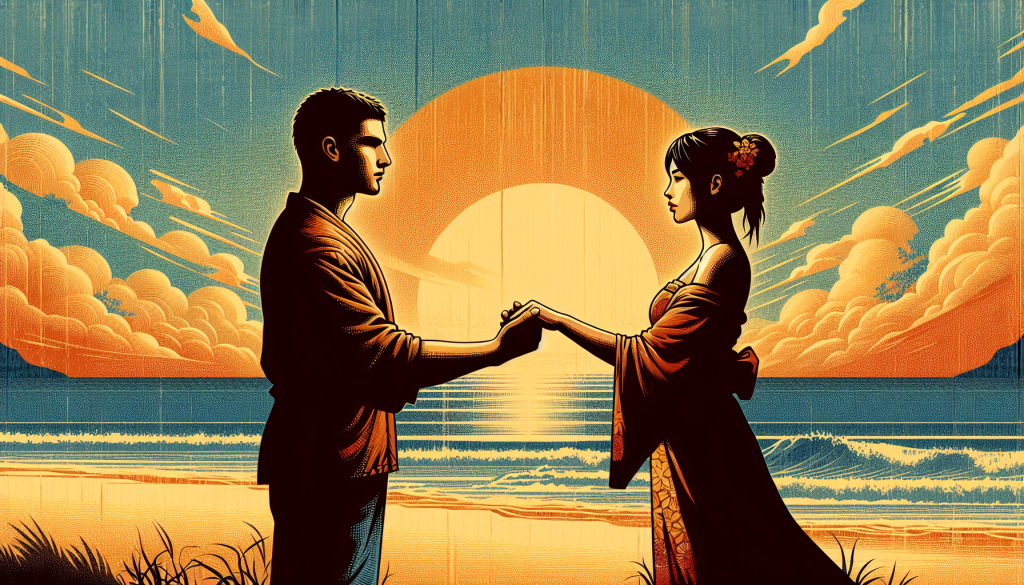 Two people holding hands on a sunset beach