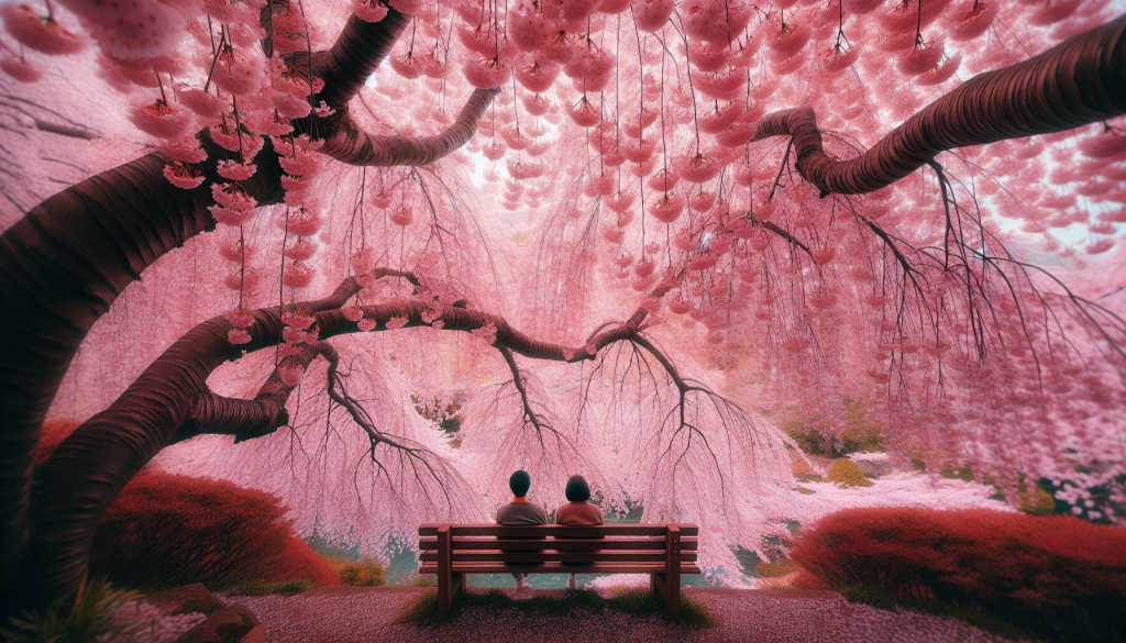 Two people sitting on a bench under cherry blossom trees