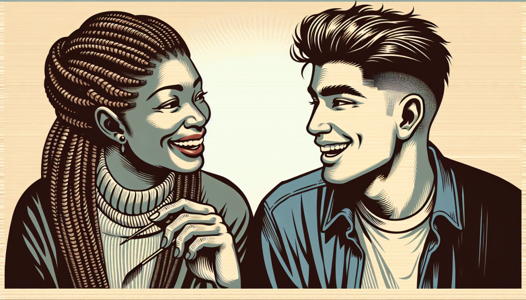 Two people talking and smiling at each other